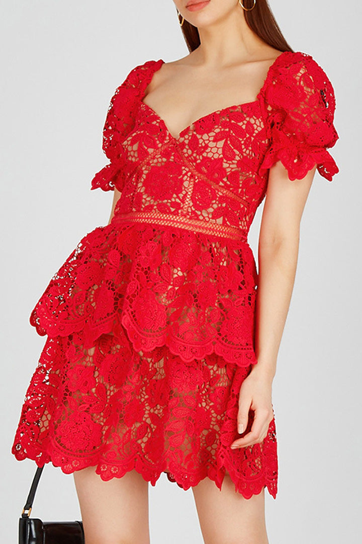 Red Lace Design Mini Dress