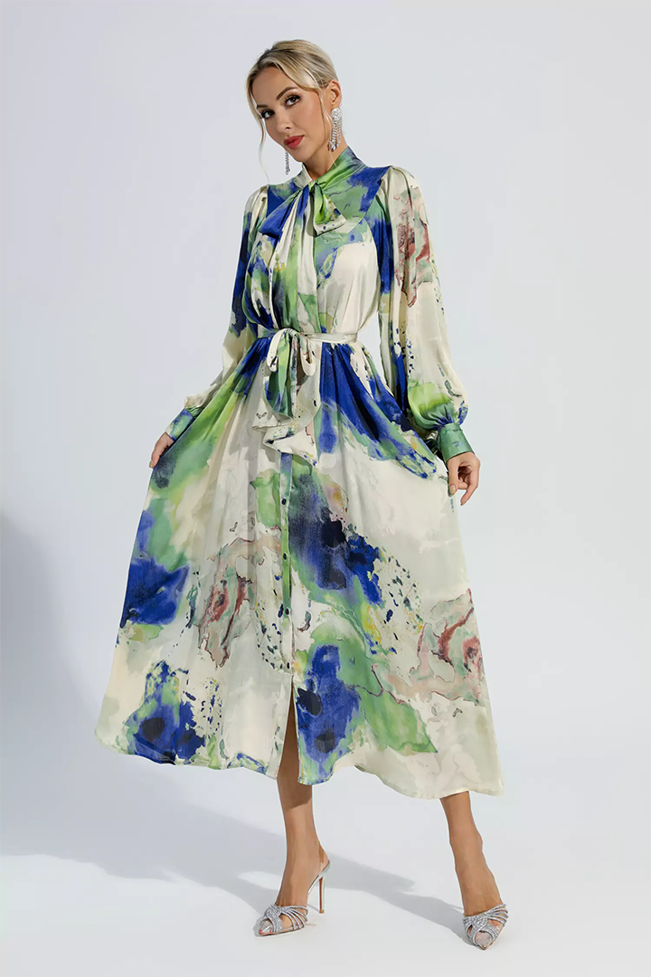 Green Floral Tie Dye Long Sleeves Maxi Dress