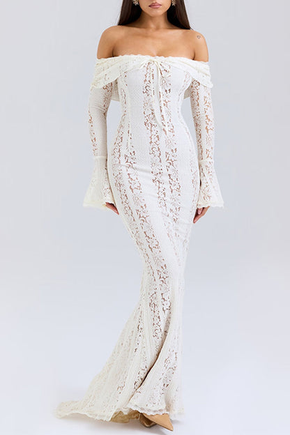 White Strapless Lace Fishtail Maxi Dress