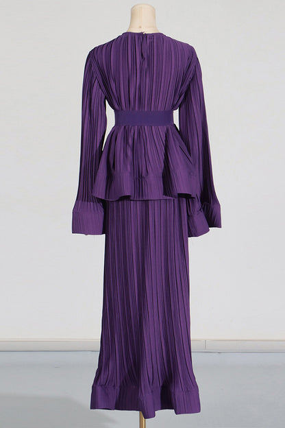 Purple Fall Fashion Pleated Long Skirt Set