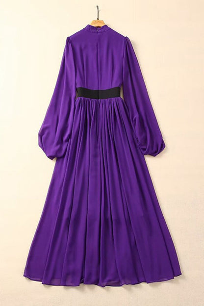 Purple Pleated Long Sleeve Maxi Dress