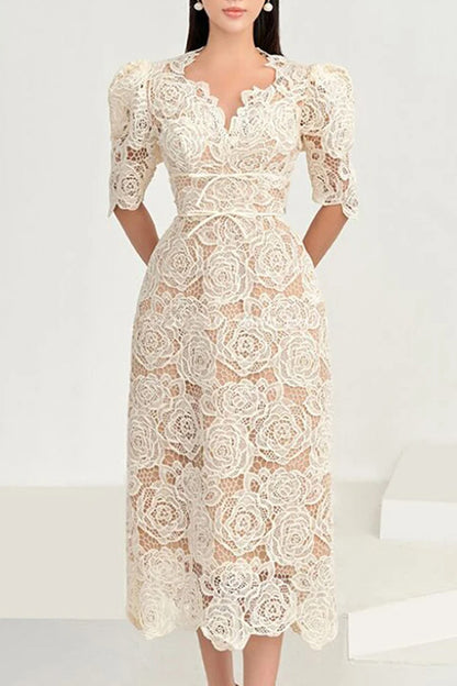 Apricot Elegant V Neck Lace Midi Dress