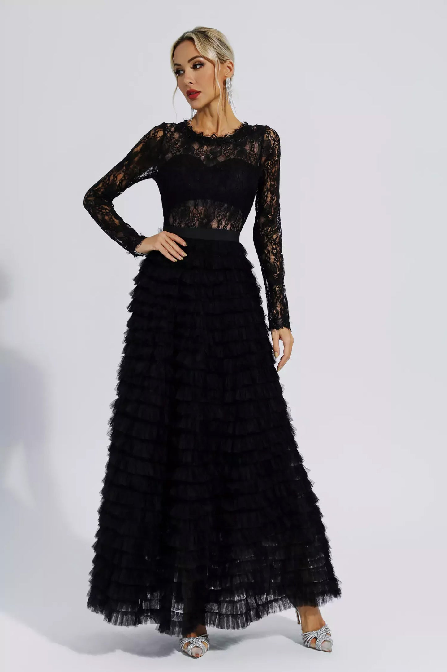 Black Hollow Lace A-line Maxi Dress