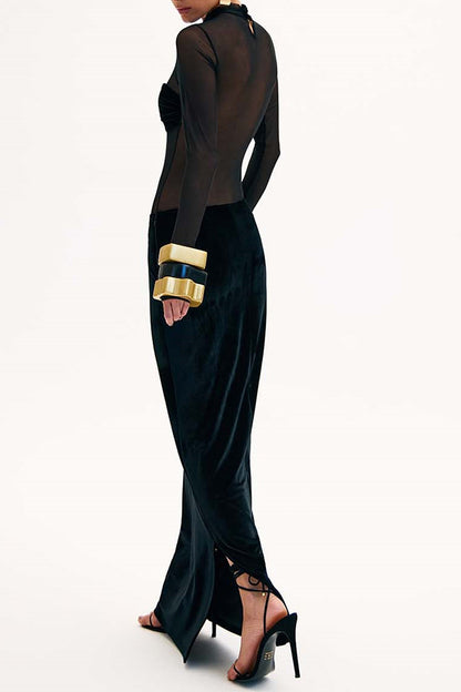 Black Long Sleeve Mesh Velvet Maxi Dress