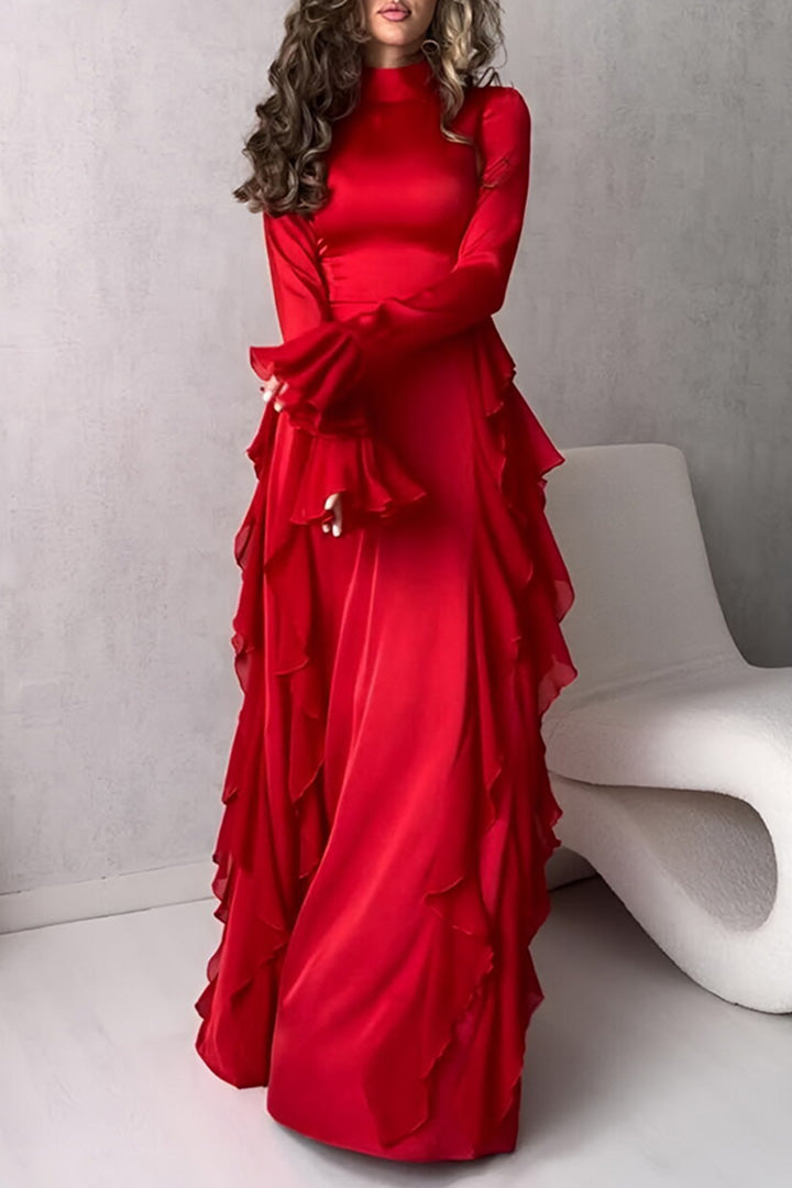 Christmas Red Round Neck Flared Sleeve Long Dress