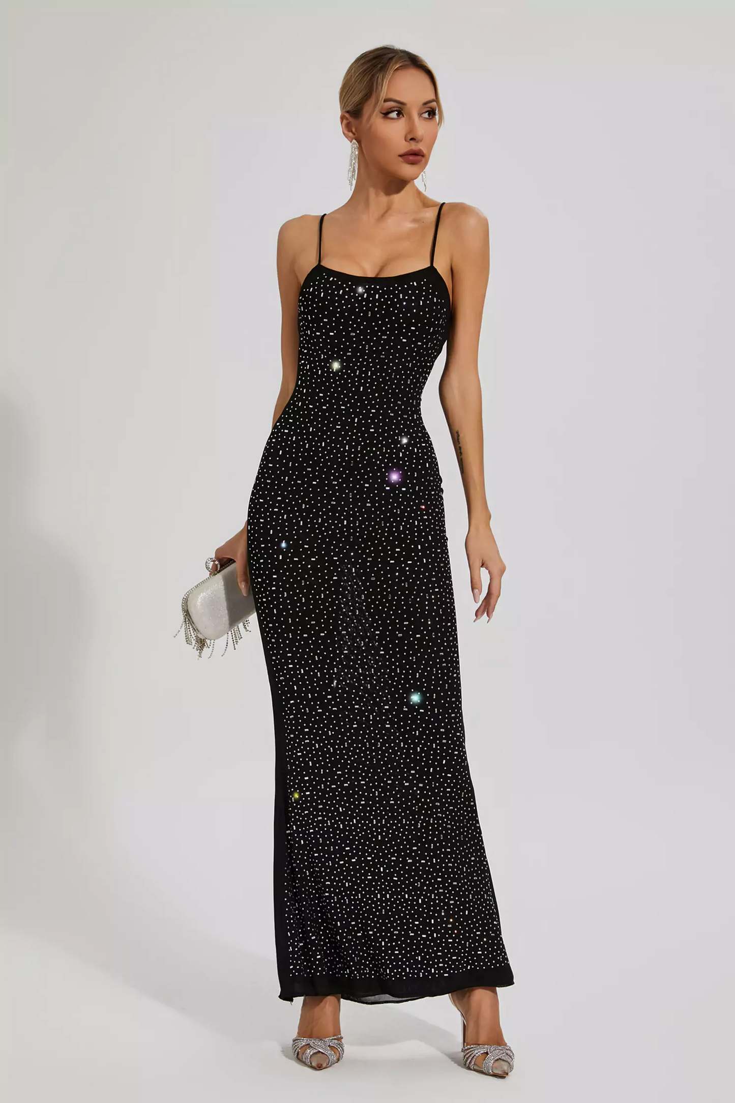 Black Embellished Mesh Maxi Dress