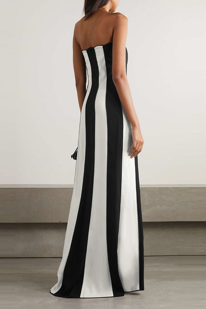 Black and White Striped Sheath Bandage Maxi Dress