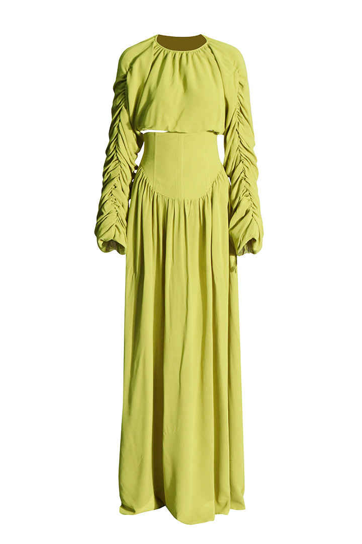 Yellow Green Casual Round Neck Long Dress Set