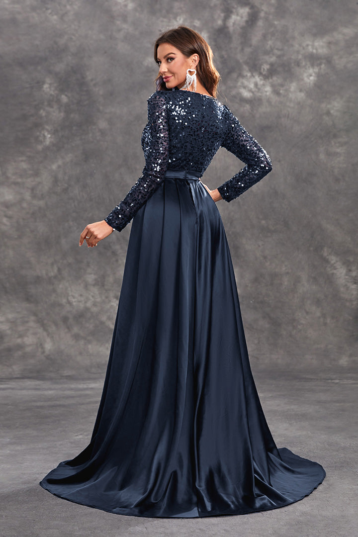 Elegant Round Neck Long Sleeve Sequin Long Dress