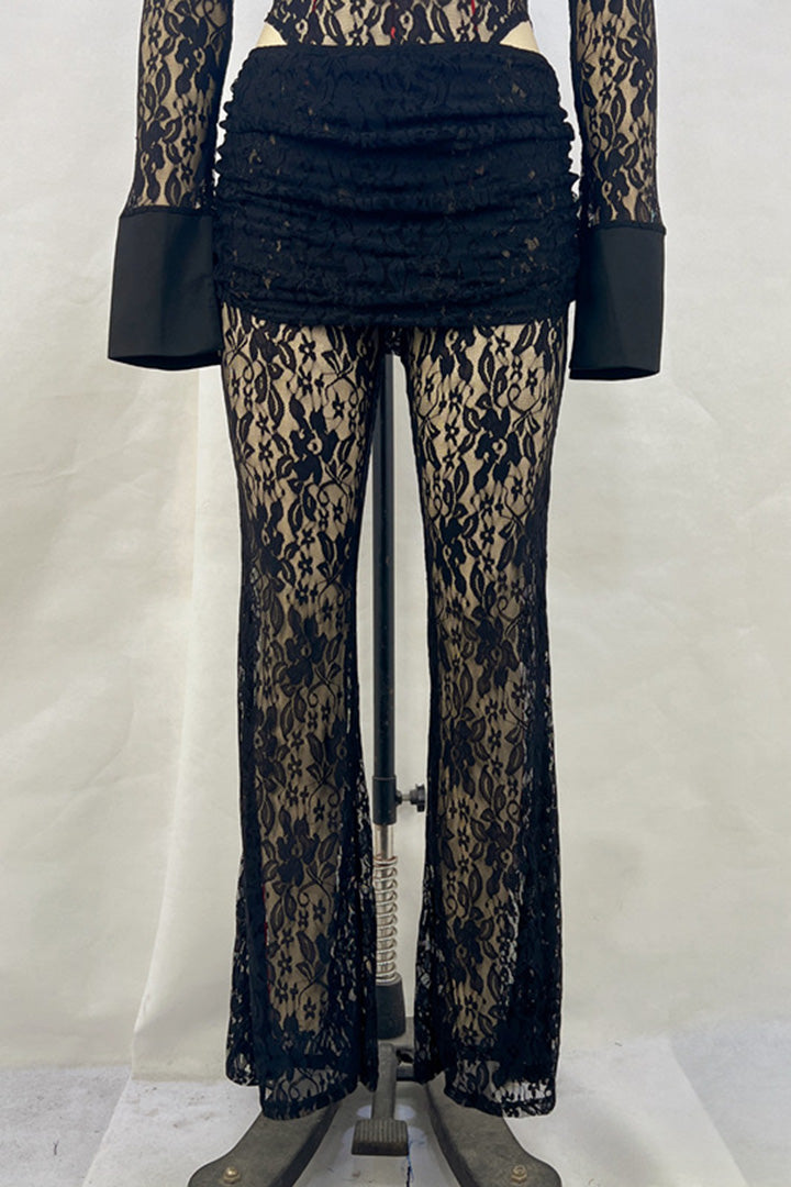 Black Lace Spliced High Waisted Flared Pants Set