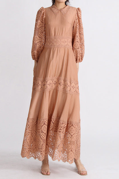 Lace Panel Lapel Long Sleeve Midi Dress