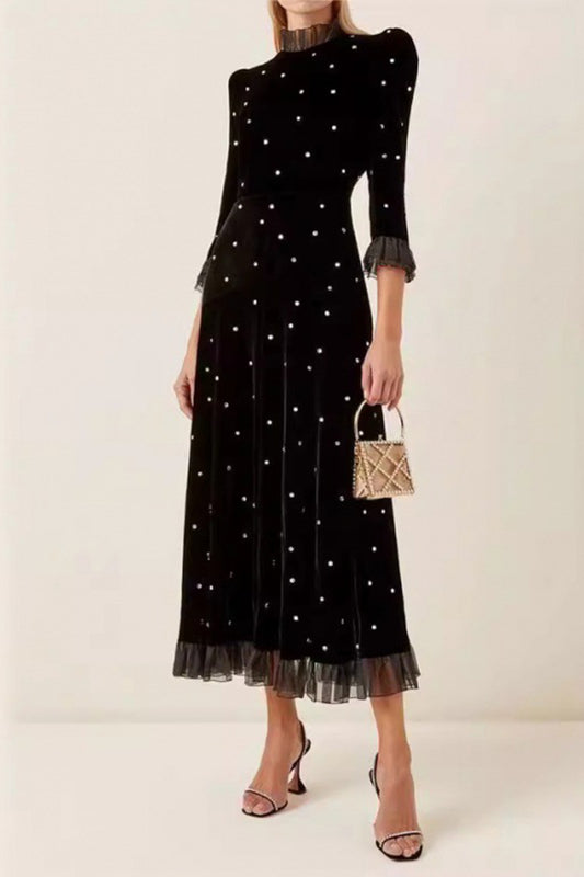 Black High Neck Long Sleeve Velvet Long Dress