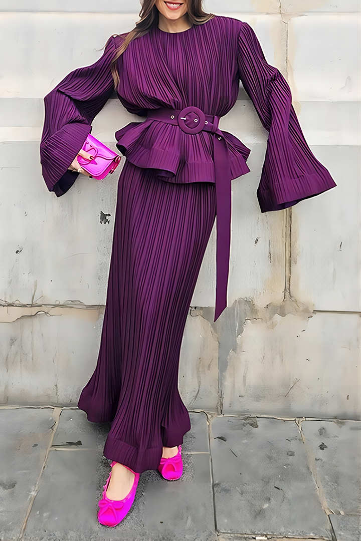 Purple Fall Fashion Pleated Long Skirt Set