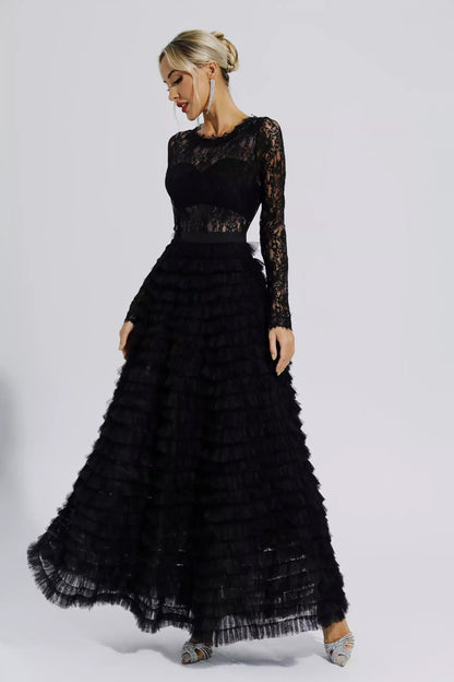 Black Hollow Lace A-line Maxi Dress