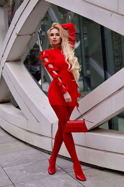 Red Cutout Bow Long Sleeve Bandage Mini Dress