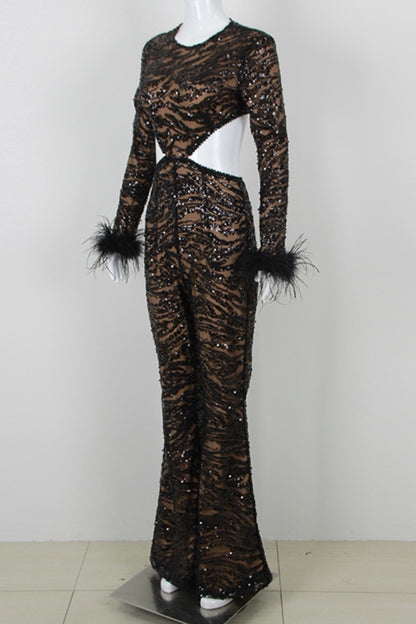 Black Backless Beaded Feather Jumpsuit