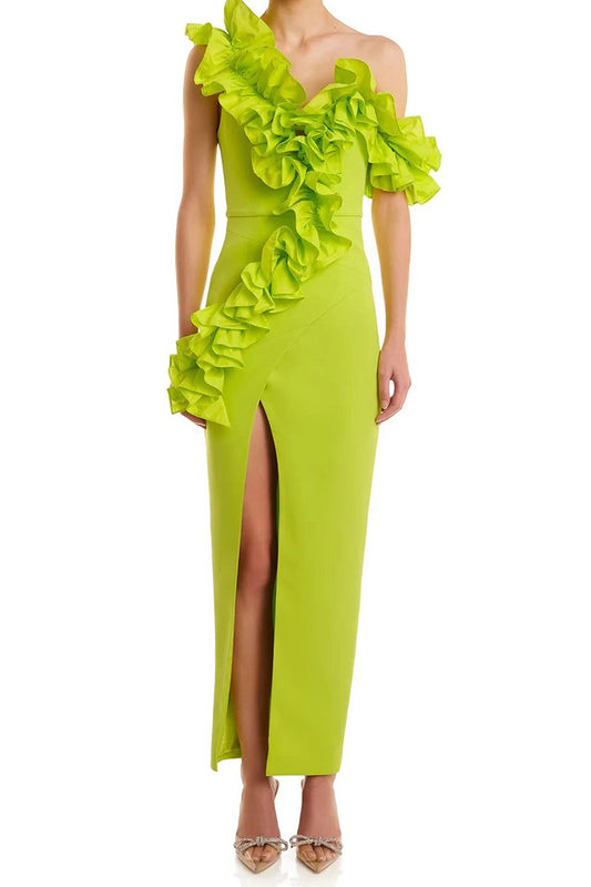 Green Ruffled Slant Neck Strapless Split Long Dress