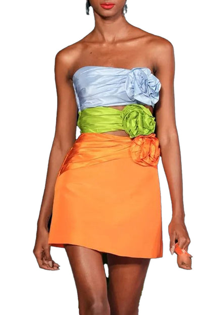 Orange Sheath 3D Floral Colorful Bandage Mini Dress