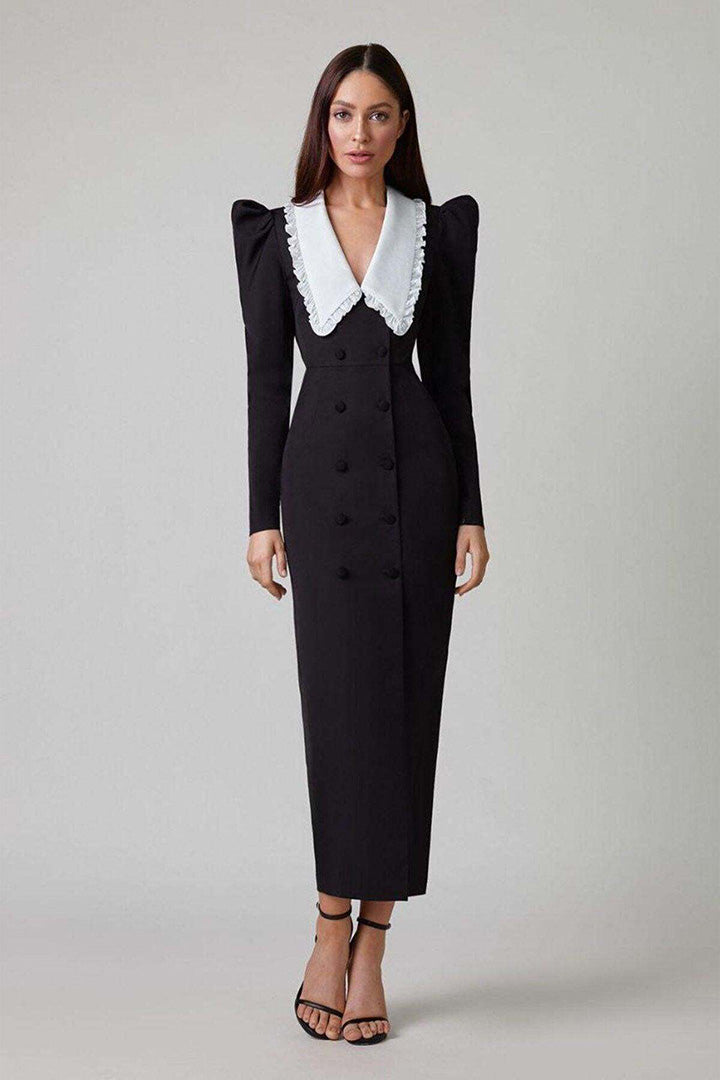 Black Swallow Neck Collision Color Long Sleeve Split Midi Dress