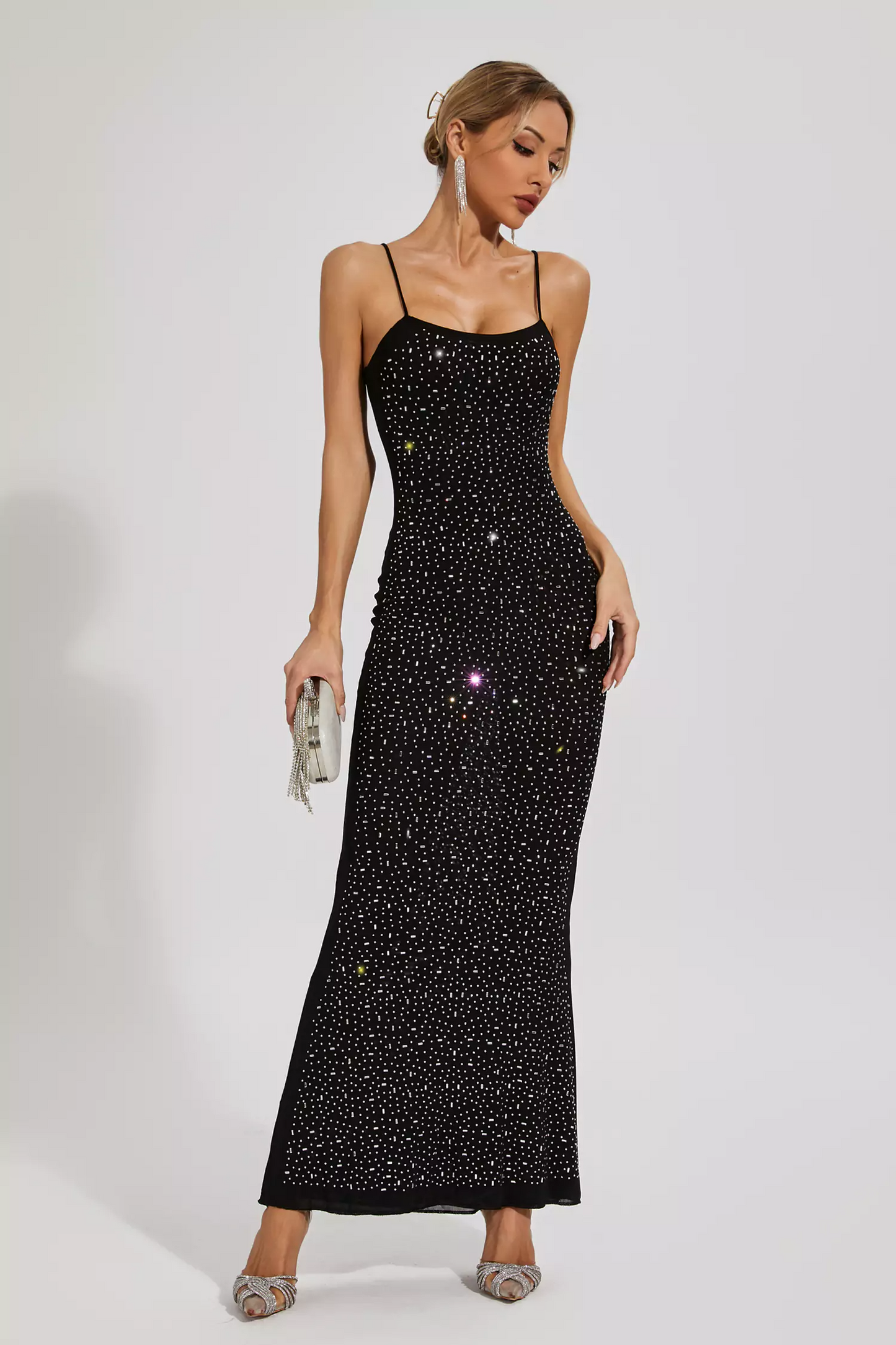 Black Embellished Mesh Maxi Dress