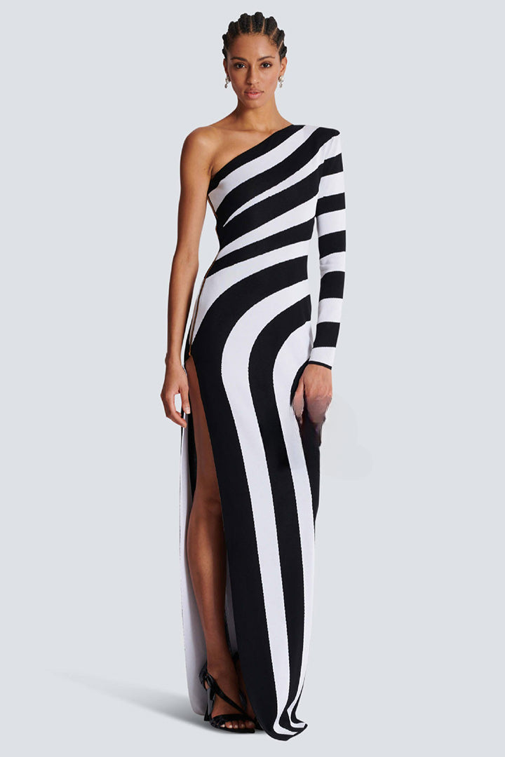 Black White Zebra Print One Shoulder Long Sleeve Dress