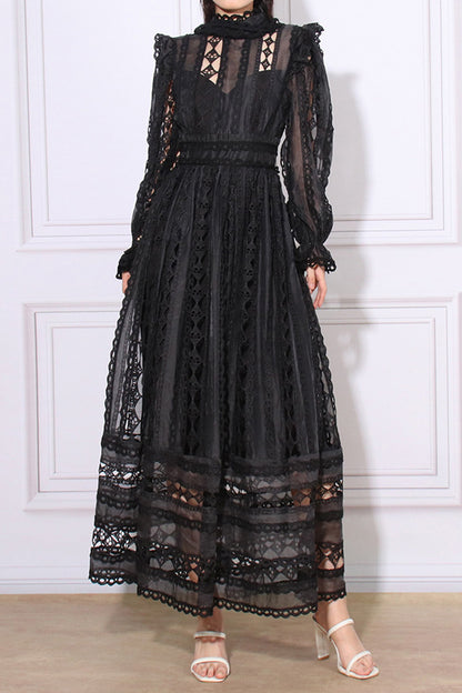 Vintage Embroidered Hollow Long Sleeve Midi dress