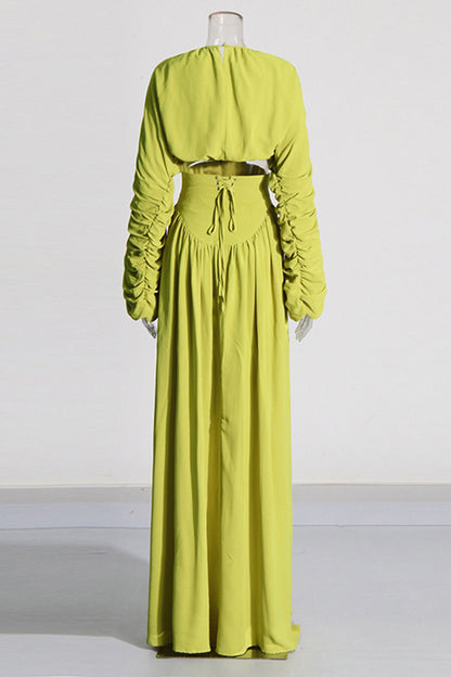 Yellow Green Casual Round Neck Long Dress Set