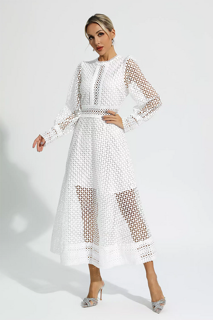 White Hollow Long Sleeve Maxi Dress