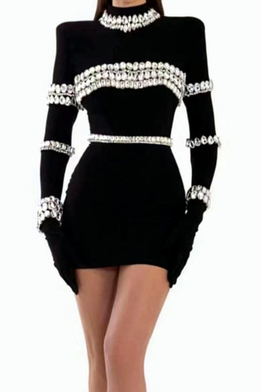 Black Rhinestone Bandage Mini Dress