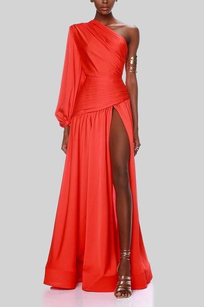 Red Satin Pleat One-Shoulder Long Sleeve Maxi Dress