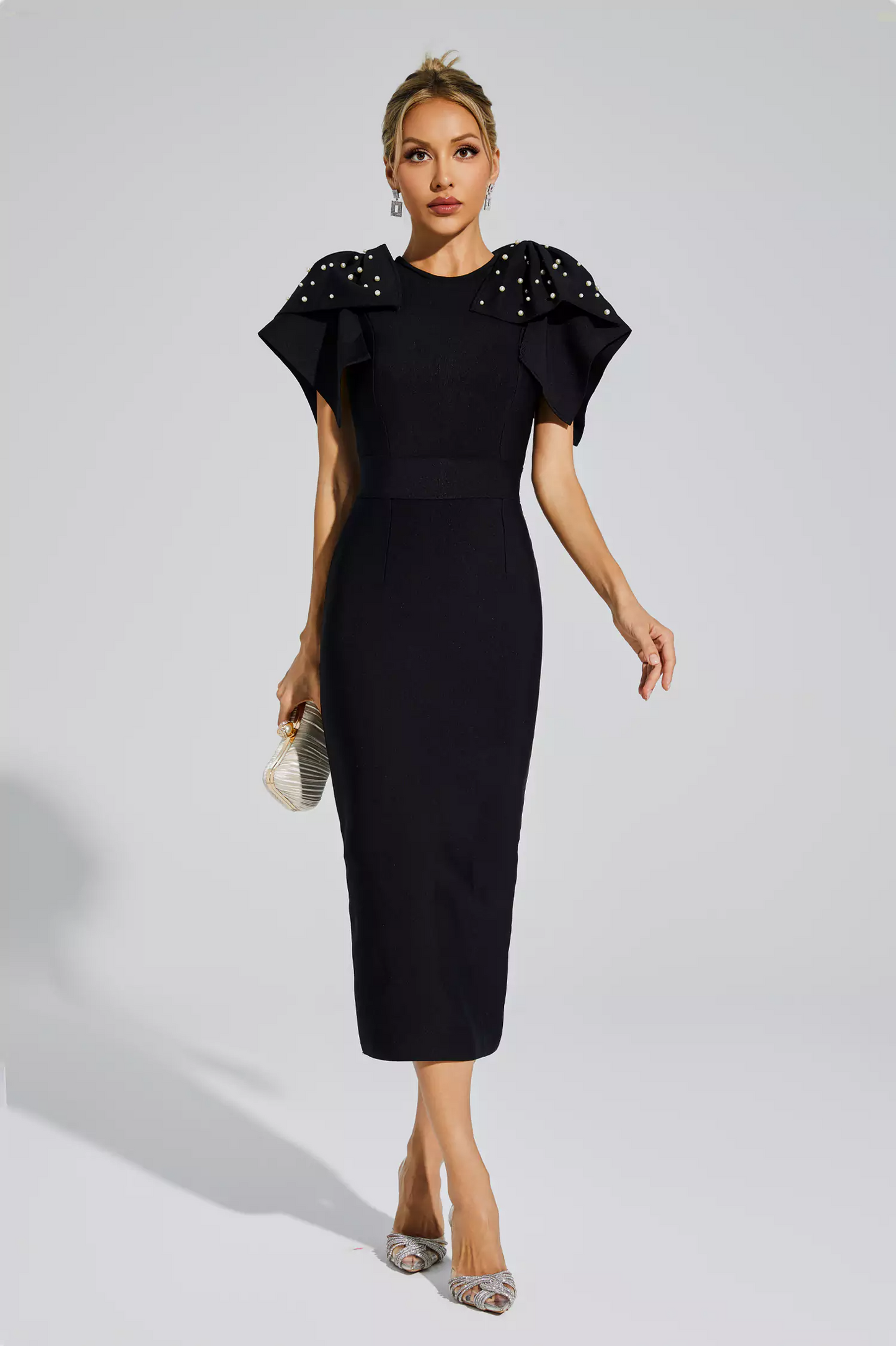 Black Knitted Embellished Midi Dress