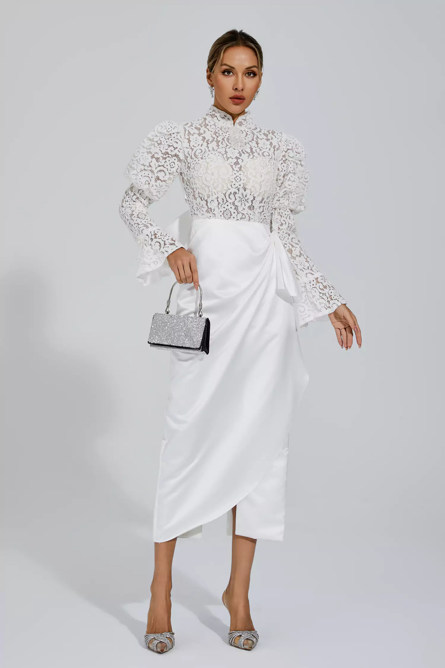 White Lace Bubble Sleeve Midi Dress