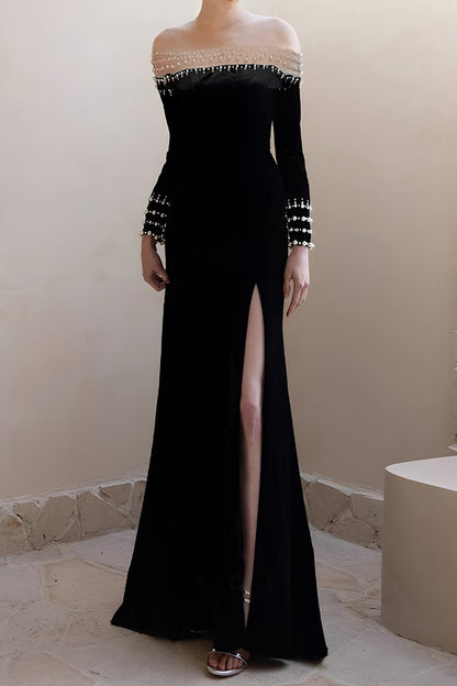 Black Strapless Beaded Embellished Maxi Dress