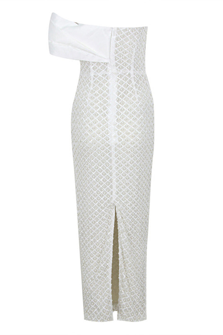 White Satin One Shoulder Embroidered Beaded Maxi Dress