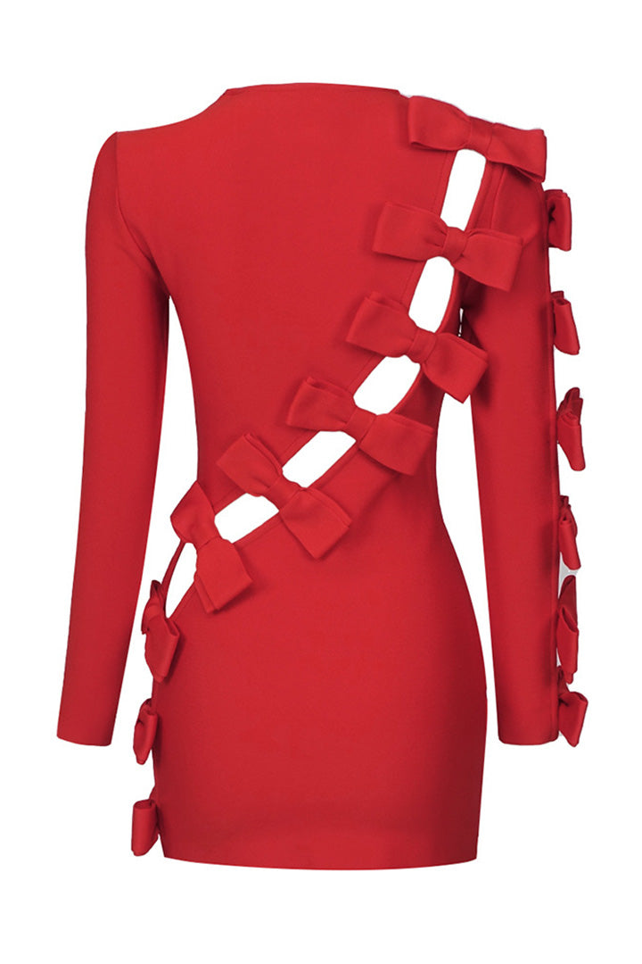 Red Cutout Bow Long Sleeve Bandage Mini Dress