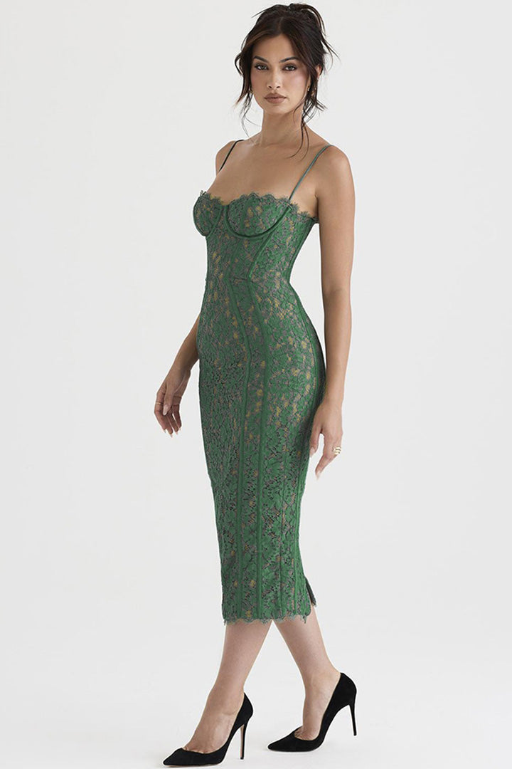 Green Lace Camisole Split Midi Dress