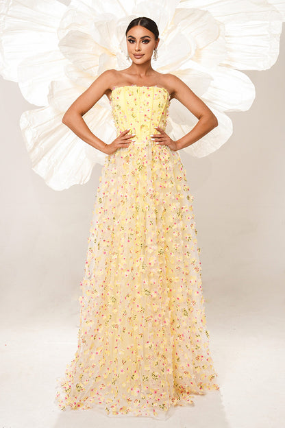 Yellow Strapless Floral Gown