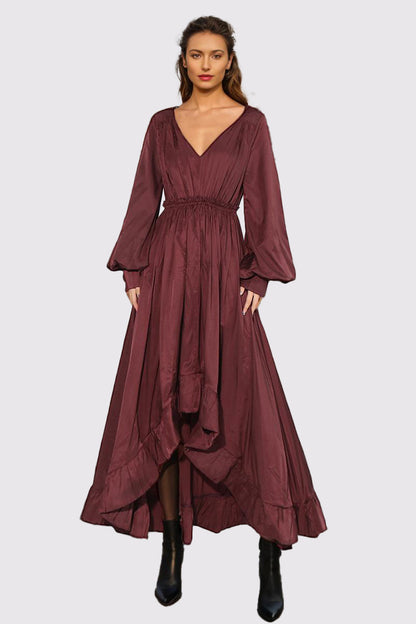 V Neck Long Sleeve Ruffled Midi Dress