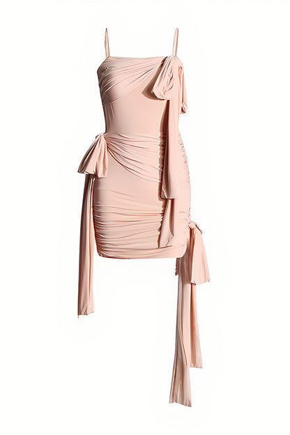 Apricot Halter Bow Pleated Mini Dress