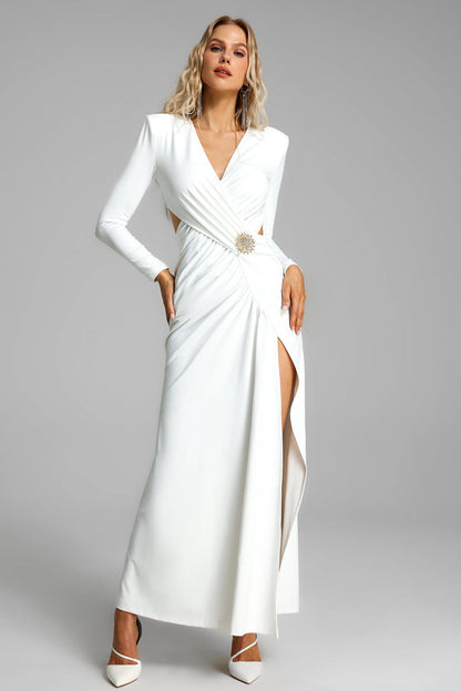 White V Neck Long Sleeved Slit Suit Skirt