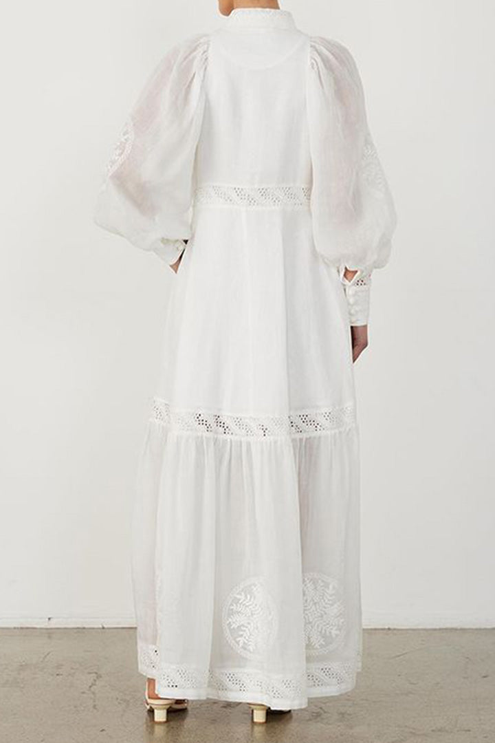 White Round Neck Buttoned Lace Maxi Dress