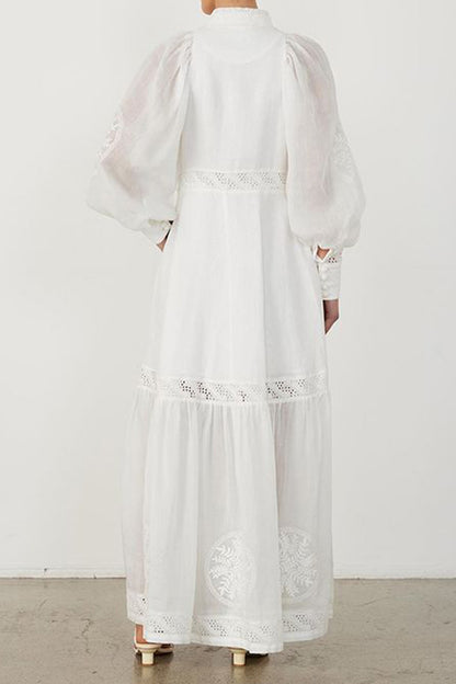 White Round Neck Buttoned Lace Maxi Dress