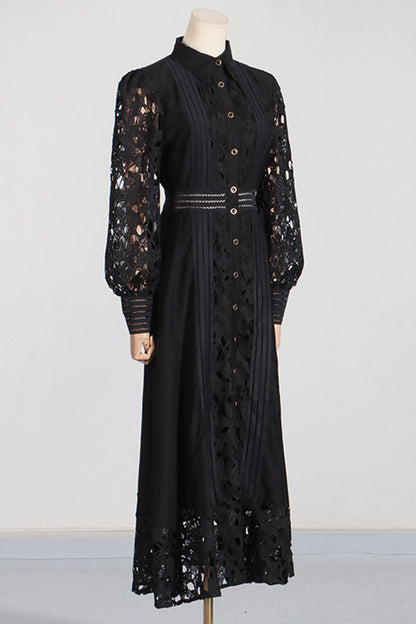 Lapel Lace Embroidery Long Dress