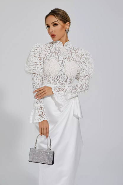 White Lace Bubble Sleeve Midi Dress