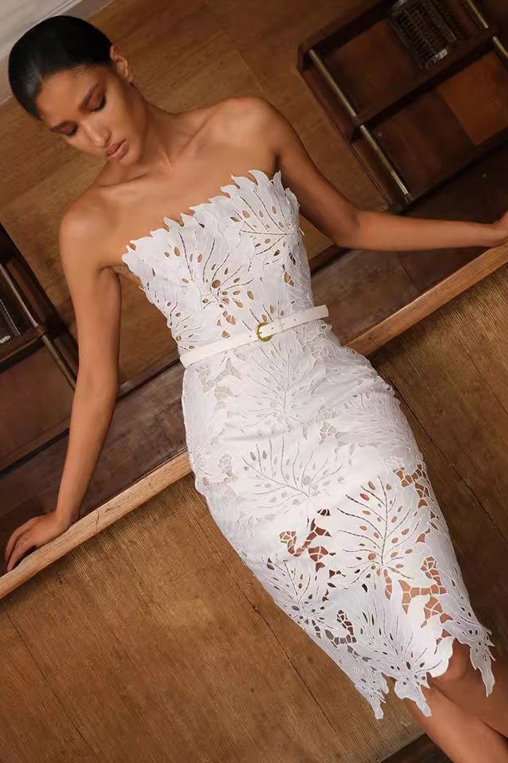 White Sheath Maple Lace Midi Dress