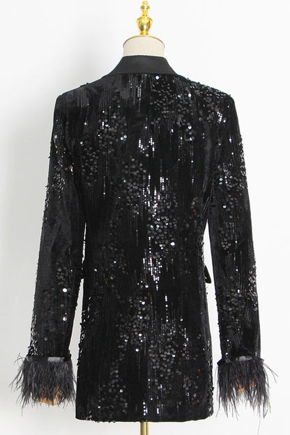 Black Fall Long Sleeve Sequined Feather Patchwork Blazer