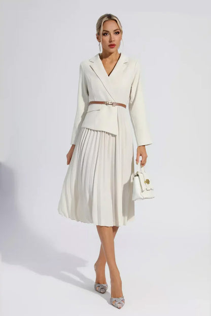 Beige Ruched Blazer Midi Dress