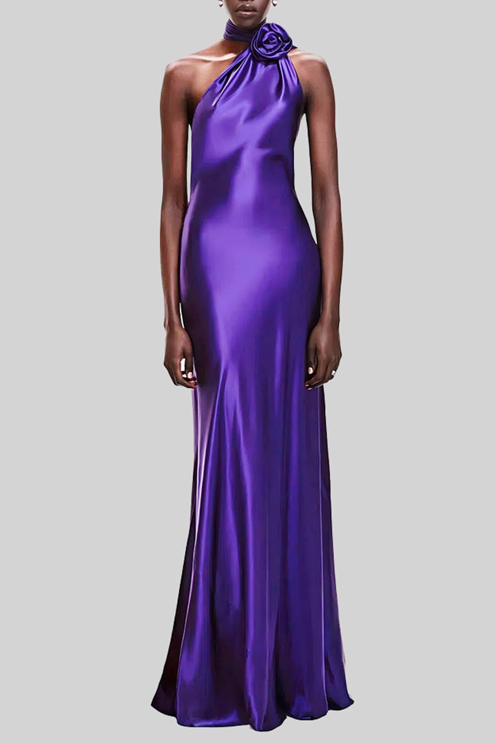 Purple Hanging Neck 3D Floral Satin Maxi Dress