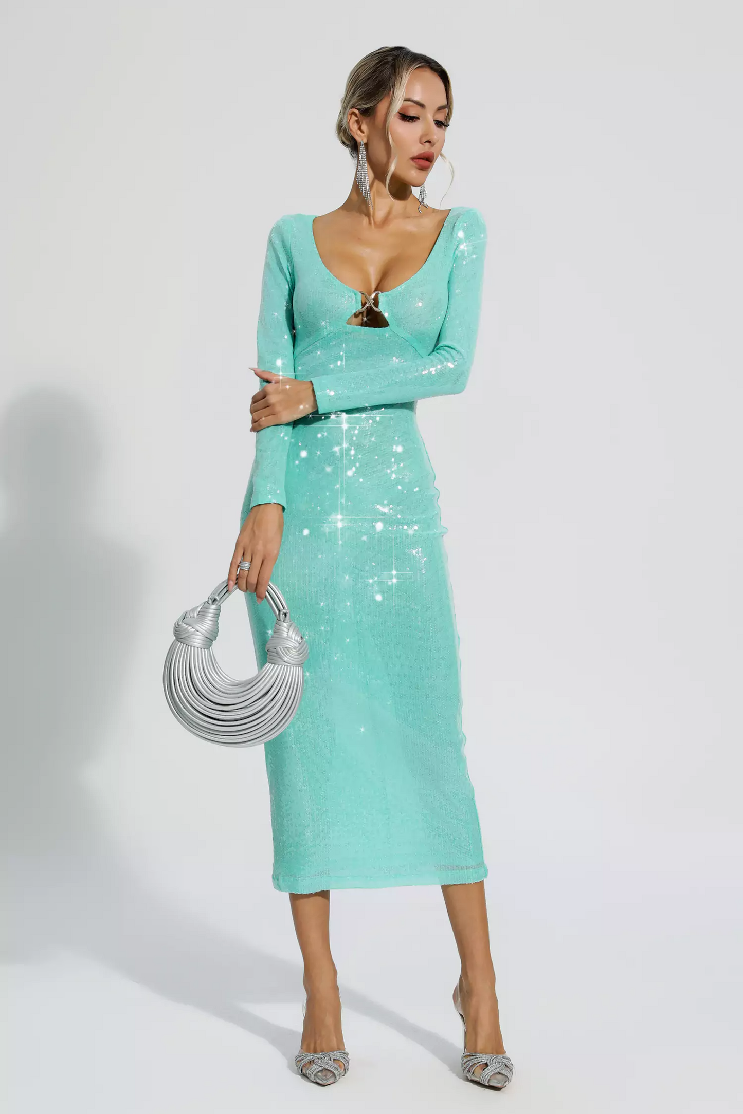 Green Long Sleeve Sequin Midi Dress