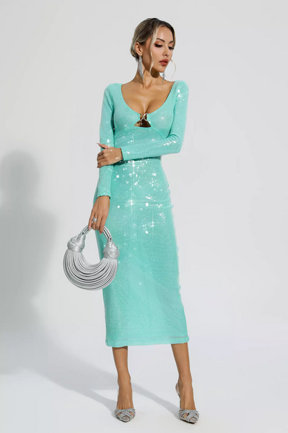 Green Long Sleeve Sequin Midi Dress